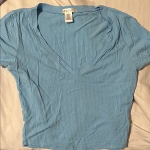 Bozzolo Light Blue Ribbed V-Neck Top